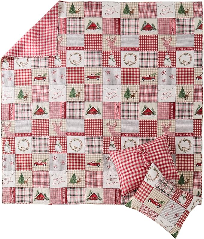 Levtex Home - Home for Christmas Quilt Set - King/Cal King Holiday Quilt 106x92 and Two King Pillow Shams 20x36 - Green, Red, Taupe and Cream - Reversible - Cotton/Polyester