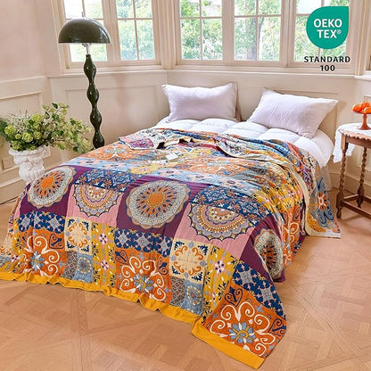 MSGKV Boho Throw Blanket for Bed 90"x90" 100% Cotton Blanket Spring Breathable Lightweight Queen Size Blankets Home Decor Muslin All Seasons