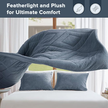 Comfort Spaces Queen Comforter Set Reversible Feather-Soft Plush Comforters for Queen Size Bed All Season Lightweight Shearling Fleece Sherpa Comforter Queen Size Bed Set, Full/Queen, Blue 3 Piece