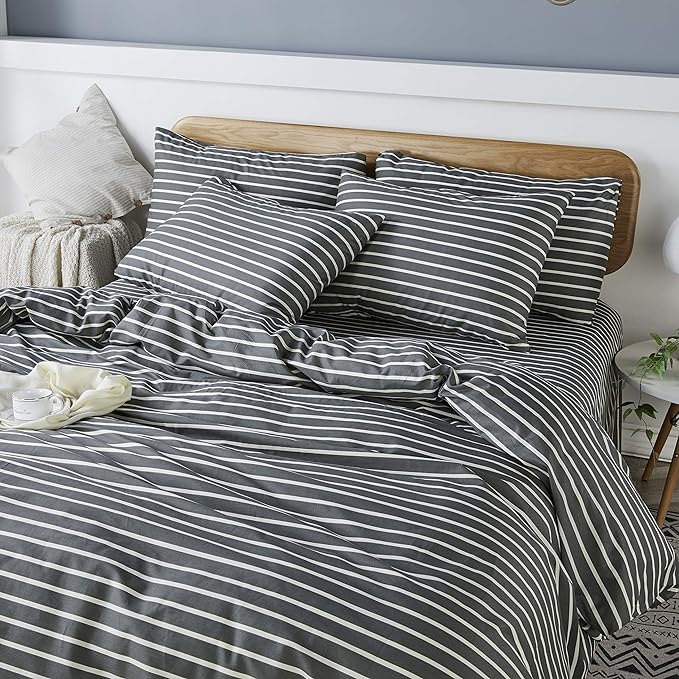 JELLYMONI 100% Natural Cotton 3pcs Striped Duvet Cover Sets, Dark Grey with White Stripes Pattern Printed Comforter Cover, with Zipper Closure & Corner Ties(Queen Size)