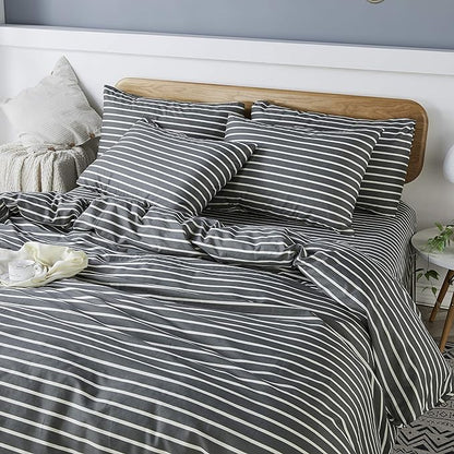 JELLYMONI 100% Natural Cotton 3pcs Striped Duvet Cover Sets, Dark Grey with White Stripes Pattern Printed Comforter Cover, with Zipper Closure & Corner Ties(Queen Size)