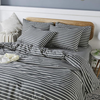 JELLYMONI 100% Natural Cotton 3pcs Striped Duvet Cover Sets, Dark Grey Duvet Cover with White Stripes Pattern Printed Comforter Cover, with Zipper Closure & Corner Ties(King Size)