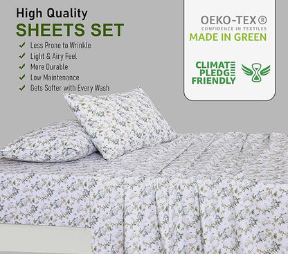 RUVANTI 100% Cotton Sheets – Split King Size Percale Bedding, Cooling & Breathable Floral Design, Durable with a Crisp, Soft & Comfortable Feel, 16" Deep Pocket, 5-Piece Set, Heritage