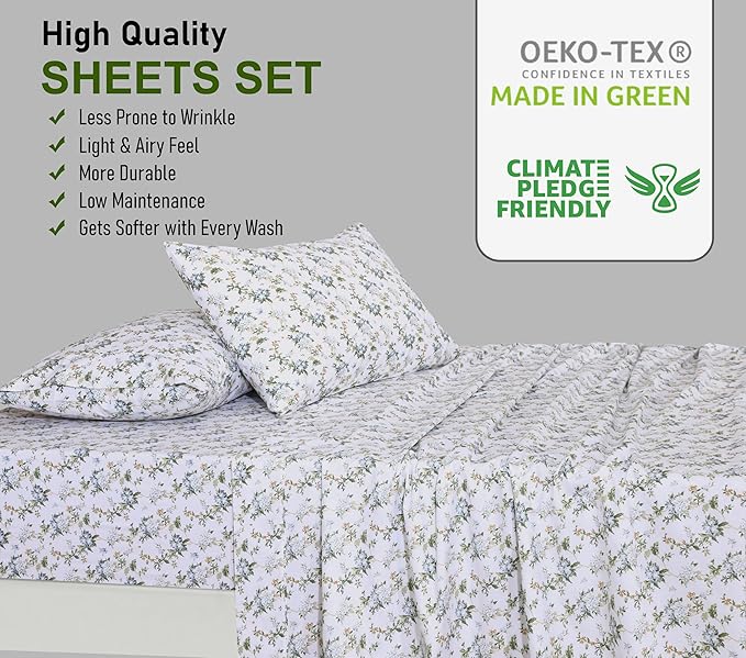 RUVANTI 100% Cotton Sheets – Twin XL Size Percale Bedding, Cooling & Breathable Floral Design, Durable with a Crisp, Soft & Comfortable Feel, 16" Deep Pocket, 3-Piece Set, Heritage