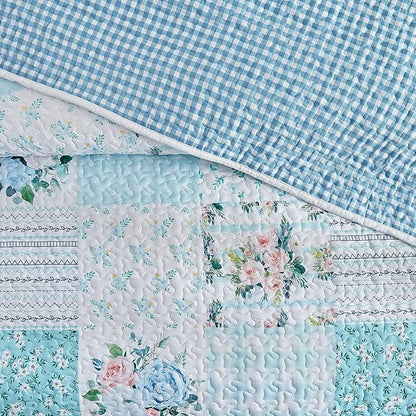 Joyreap 3 Pieces Floral Patchwork Quilt Set California King, 102x114 inches- Blue n White Flowers Design, Smooth Soft Microfiber Quilt, Bedspread Bed Cover for All Season