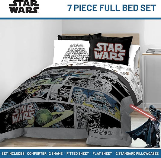 Jay Franco Star Wars Comic Book Full Size Comforter Set - 7 Piece Bedding Includes Sheet Set & Pillow Covers - Super Soft Cozy Kids Bedding