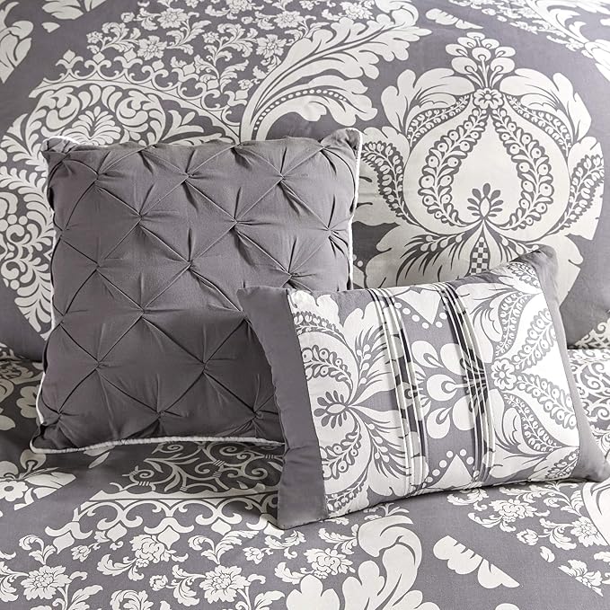 Madison Park Vienna Sateen Cotton Comforter Set, Breathable, Soft Cover, Trendy, All Season Down Alternative Cozy Bedding with Matching Shams, Queen, Grey 7 Piece