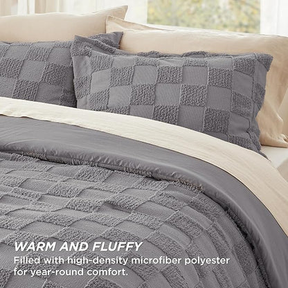 Bedsure Queen Size Comforter Set Grey, Boho Tufted Bed Set, Checkered Farmhouse Shabby Chic Bedding, 3 Pieces, 1 Plaid Geometric Comforter and 2 Pillow Shams
