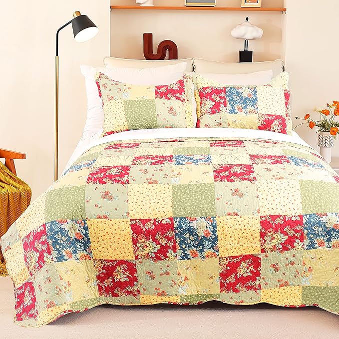 Cmfshape Summer Floral King Quilted Bedspread,Romantic Pink Quilt Set,Reversible Stitched Bedding Cover All Season,Soft Lightweight Coverlet with Pillow Cases (Yellow&Green, King(102"x90"))