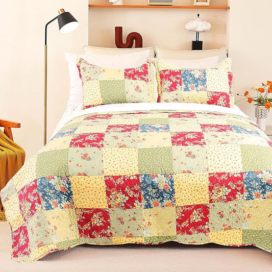 Cmfshape Summer Floral King Quilted Bedspread,Romantic Pink Quilt Set,Reversible Stitched Bedding Cover All Season,Soft Lightweight Coverlet with Pillow Cases (Yellow&Green, King(102"x90"))