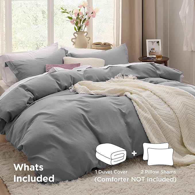 Bedsure Grey Duvet Cover King Size - 3 Pieces Prewashed Cotton-Like Polyester Extra Soft Bedding Set, Includes 1 Duvet Cover 104x90 Inches with Zipper Closure & 2 Pillow Shams, Comforter Not Included