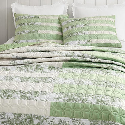 Wonderful Sage Green Patchwork Spring Quilt King - Real Stitched Cotton Velvet Microfiber Mixed Bedding - 3-Piece Piano Key Splicing Floral Bedspread - Lightweight Geometric Quilted Coverlet | Breathable Material, Soft Touch, Wrinkle-Resistant, Machine...