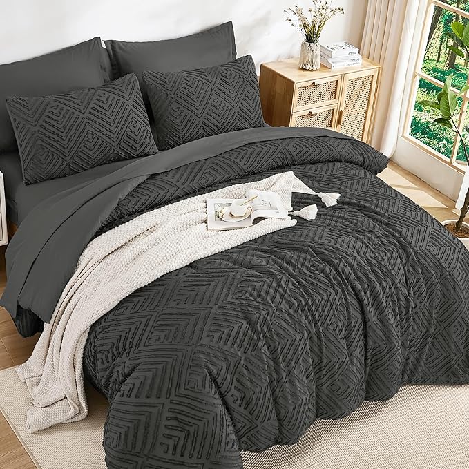 Andency Super King Plus Comforter Set Dark Grey - 7 Pieces Bed in a Bag Oversized King Bedding Sets, Boho Tufted Lightweight Fluffy Bed Set with Comforter, Sheets, Pillowcases & Shams