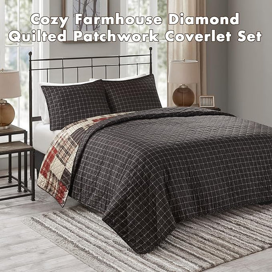 Madison Park King Quilt Set Patchwork Farmhouse, Diamond Quilting Reversible Coverlet Set for King Size Bed, Plush Cotton Filled Quilt Set King Size, Shams King/Cal King Red/Black 3 Piece