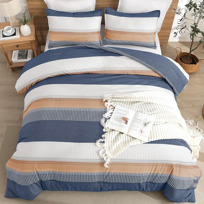 Litanika Comforter Set - Lightweight Quilt Bedding Comforter Sets, Colorblock Stripe Fluffy Bed Set, All Season Down Alternative, Queen Orange Blue
