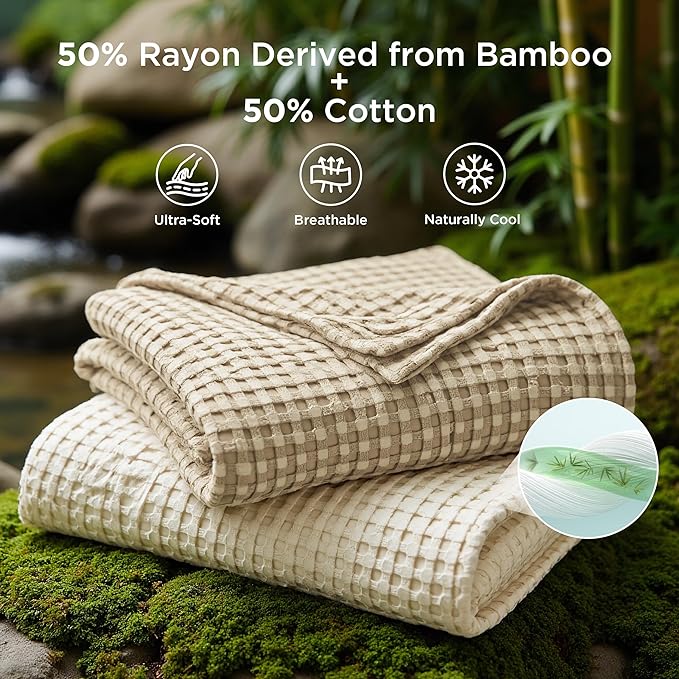Bedsure Cooling Cotton Waffle King Size Blanket - Lightweight Breathable Summer Blanket of Rayon Derived from Bamboo for Hot Sleepers, Luxury Throws for Bed, Couch and Sofa, Light Brown, 104x90 Inches