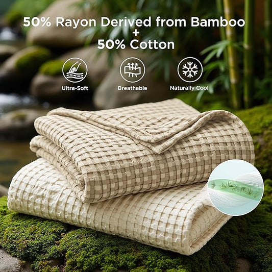 Bedsure Cooling Cotton Waffle Full Size Blanket - Lightweight Breathable Blanket of Rayon Derived from Bamboo for Hot Sleepers, Luxury Throws for Bed, Couch and Sofa, Light Brown, 80x90 Inches