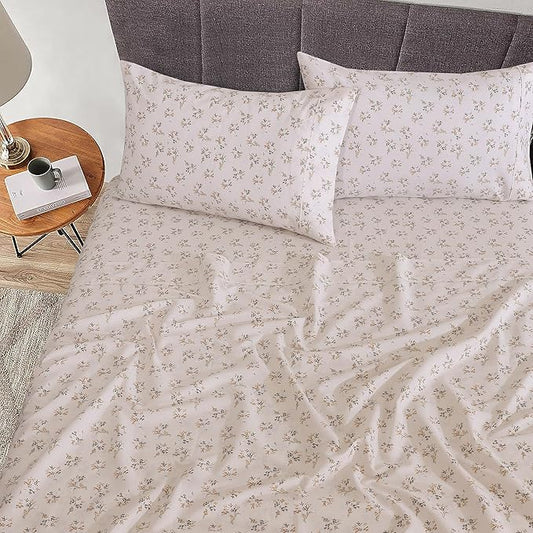 RUVANTI 100% Cotton Sheets – Queen Size Percale Bedding, Cooling & Breathable Floral Design, Durable with a Crisp, Soft & Comfortable Feel, 16" Deep Pocket, 4-Piece Set, Twin Spring