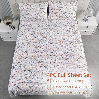 Softan Floral Full Sheet Set, Orange Flower Printed Bed Sheets - 4 Piece Soft Microfiber Patterned Fitted Sheets with 15" Deep Pocket & Non-Slip Straps, Cute Flower Sheets & Pillowcase Set
