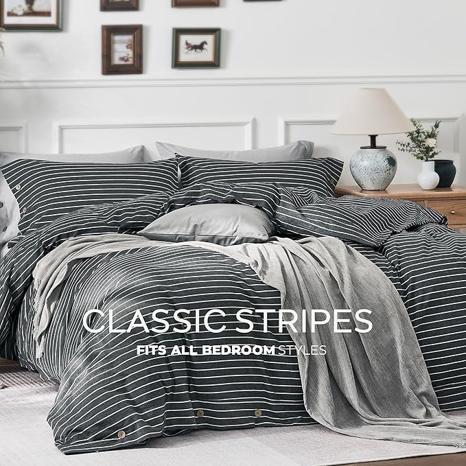 JELLYMONI Cotton Duvet Cover Full Size - Gray Pinstriped Comforter Cover with Button 100% Washed Cotton 3PCS Breathable Soft Solid Bedding Set Duvet Cover 80×90in & 2 Pillowcases (NO Comforter)