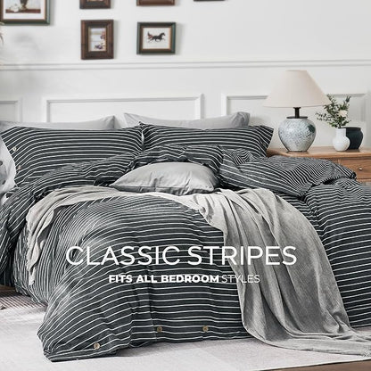 JELLYMONI Cotton Duvet Cover Twin Size - Gray Pinstriped Comforter Cover with Button 100% Washed Cotton 2PCS Breathable Soft Solid Bedding Set Duvet Cover 68×90in & 1 Pillowcase (NO Comforter)