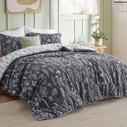 Bedsure Duvet Cover King Size - Reversible Dark Grey King Duvet Cover Set with Zipper Closure, 3 Pieces Floral Patterned Bedding Set with 8 Corner Ties and 2 Pillow Shams