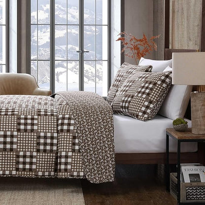 Eddie Bauer - Full/Queen Quilt Set, Reversible Bedding with Matching Shams, Patchwork Luxurious Bedding Set (Gingham Patchwork Brown, Full/Queen)