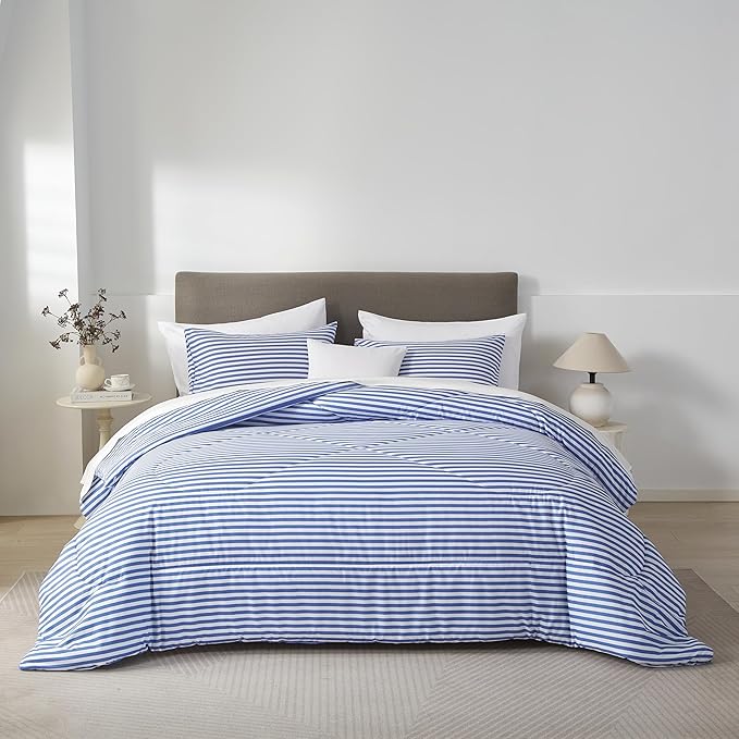mixinni Striped Comforter Set Queen Size - Blue Stripes Pattern Bed Set for All Season, 3 Pieces Lightweight Bedding Comforter Sets for All Seasons (1 Soft Fluffy Comforter + 2 Pillowcases)