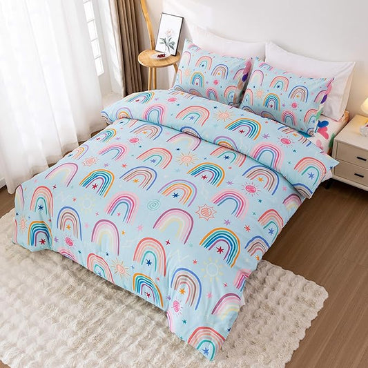 Btargot Lightweight Soft 3 Piece Rainbow Comforter Set with 2 Pillow Covers, Cartoon Love Hearts Suns and Stars Bedding Set for Girls Boys Kids, Twin Light Blue