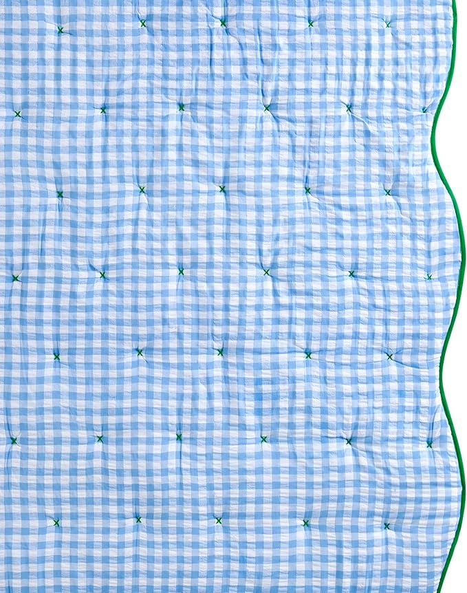 kate spade new york Joyful Gingham Euro Sham, 26" x 26" Spring Pillow Cover, Single Seersucker Cover, Machine Washable, Windy Blue