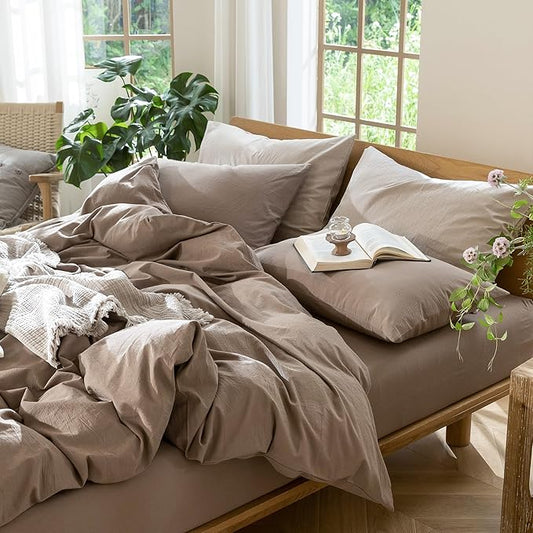 MooMee Bedding Pillowcases Pack of 2 100% Washed Cotton Linen Like Textured Breathable Durable Soft Comfy (Solid Brown, King)