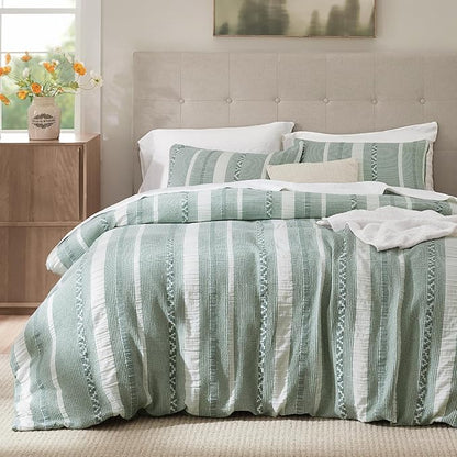 Bedsure Waffle Weave Duvet Cover King - 100% Cotton Boho Duvet Cover with 2 Pillowcases - Green Textured Comforter Cover with Zipper Closure (King, 104"x90")