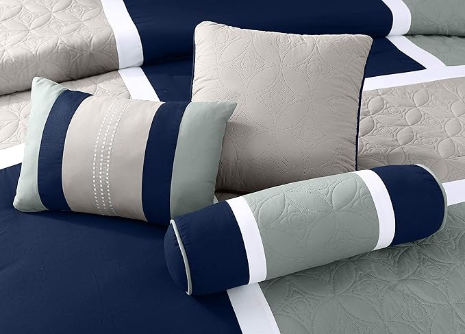 Chezmoi Collection Upland 7-Piece Quilted Patchwork Comforter Set, Navy/Blue/Gray, California King