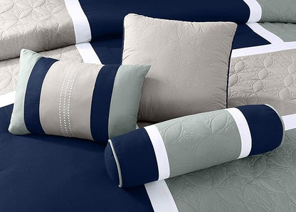 Chezmoi Collection Upland 7-Piece Quilted Patchwork Comforter Set, Navy/Blue/Gray, California King