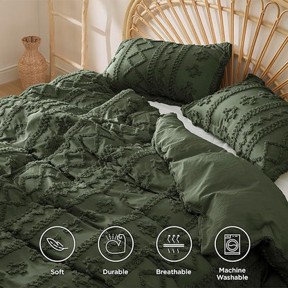 Bedsure Boho Duvet Cover King Size, Soft & Comfortable Elegant Design Boho Bedding for Decoration, Machine Washable Comforter Cover for All Seasons,Includes 1 Duvet Cover & 2 Pillow Shams,Olive Green