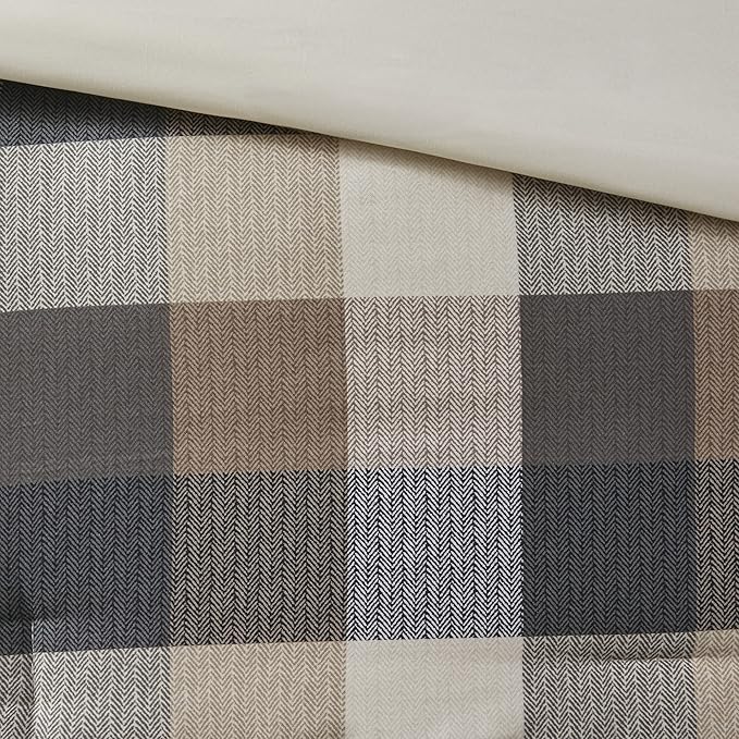 Madison Park Ridge Comforter Set-Cabin Lodge Plaid Herringbone Design All Season Down Alternative Cozy Bedding with Matching Bedskirt, Shams, Decorative Pillow, Queen(90"x90"), Neutral 7 Piece