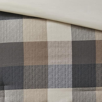 Madison Park Ridge Comforter Set - Cabin Lodge Plaid Herringbone Design, All Season Down Alternative Cozy Bedding with Matching Bedskirt, Shams, Decorative Pillow, Cal King(104"x92"), Neutral 7 Piece