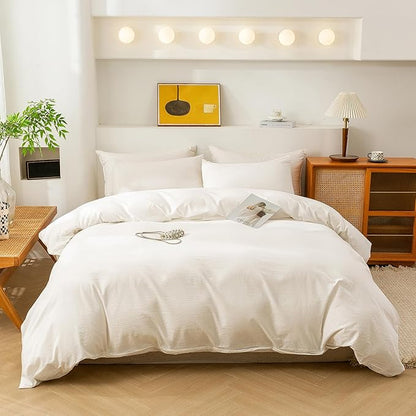 ECOCOTT 100% Washed Cotton Duvet Cover Twin Size – Soft & Breathable Linen Feel Bedding Set, 3 Pieces White Comforter Cover with Zipper Closure for All Seasons