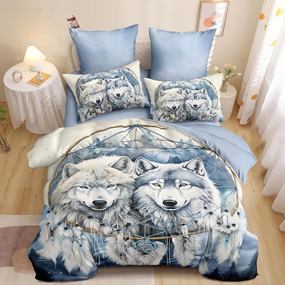 Grey Wolf Comforter Set King Size,Grey and White Dreamcatcher Soft Bedding for Adult,Wild Animal Print Lightweight Microfiber Comforter with 2 Pillowcases/104 * 90