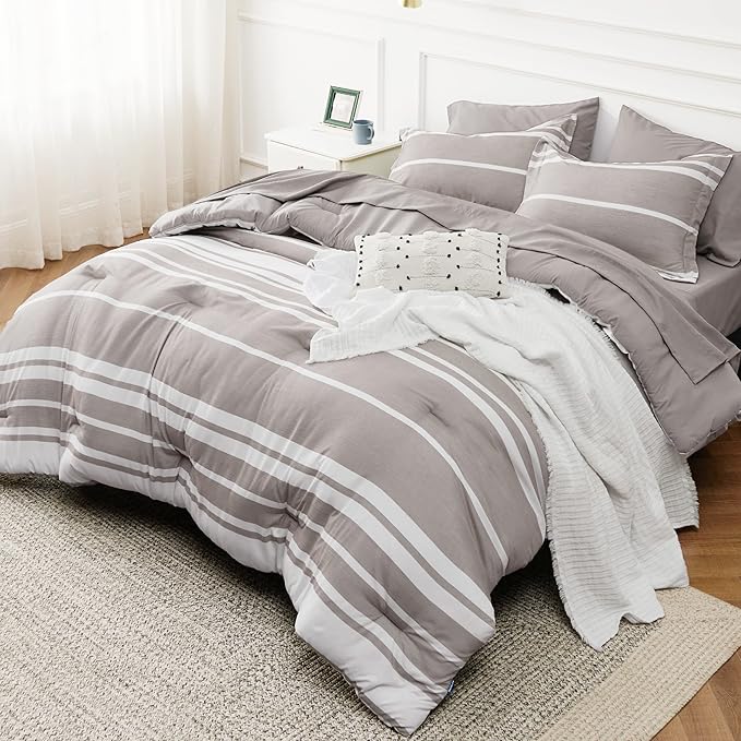 Bedsure Full Comforter Set 7 Pieces, Taupe Striped Bedding Set for All Seasons, Reversible, Cationic Dyeing Bed in a Bag with Comforter, Sheets, Pillowcases & Shams