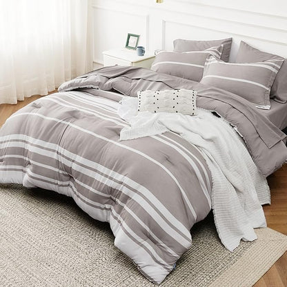 Bedsure King Comforter Set 7 Pieces, Taupe Striped Bedding Set for All Seasons, Reversible, Cationic Dyeing Bed in a Bag with Comforter, Sheets, Pillowcases & Shams