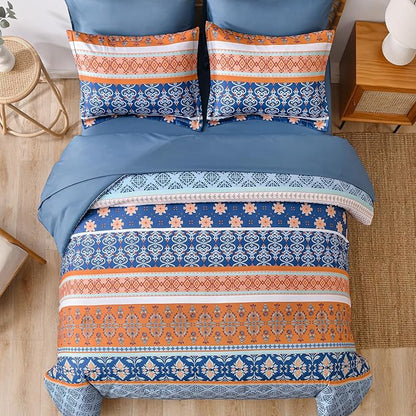 WONGS BEDDING Boho Comforter Set Full, Blue and Orange Bedding Set 7 Pieces Bed in a Bag Bohemian Striped Bedding Comforter Sets Soft Microfiber Comfortet and Sheet Set for All Season