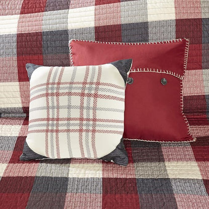 Madison Park Reversible Quilt Cabin Lifestyle Plaid Design - All Season, Breathable Coverlet Bedspread Bedding Set, Matching Shams, Ridge Red King/Cal King(104"x92") 6 Piece