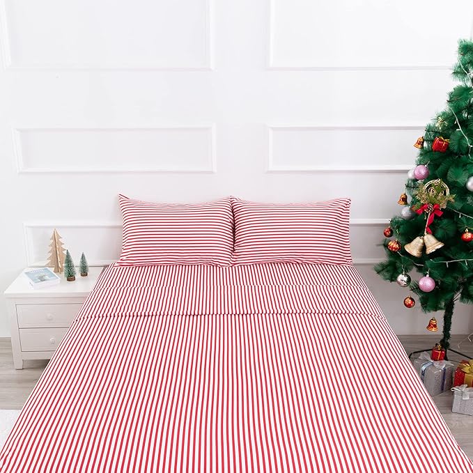 Best Season Ticking Stripe Sheet Set,4 Piece Queen Size Microfiber Bedding,Burgundy Red and White Pinstripe Patterned,Deep Pocket