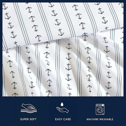 Nautica - Sheets, Cotton Percale Bedding Set with Matching Pillowcases, Crisp & Cool, Deep Pocket (Anchor Lines Blue, King)