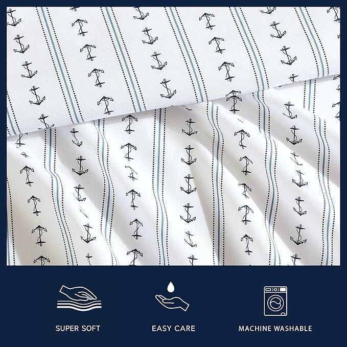 Nautica - Sheets, Cotton Percale Bedding Set with Matching Pillowcase, Crisp & Cool, Deep Pocket (Anchor Lines Blue, Twin)