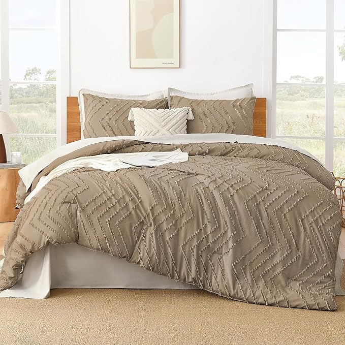 Litanika Comforter Super King Plus Size Set Taupe, 3 Pieces Chevron Tufted Solid Bedding Comforter Sets, Fluffy Bed Set