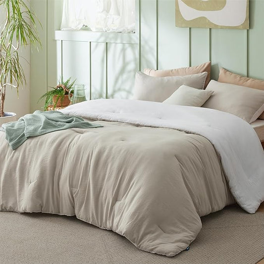 Bedsure Queen Comforter Set, Beige White Soft Prewashed Bedding for All Seasons, 3 Pieces GentleSoft™ Bed Set, 1 Lightweight Comforter (90"x90") and 2 Pillowcases (20"x26")