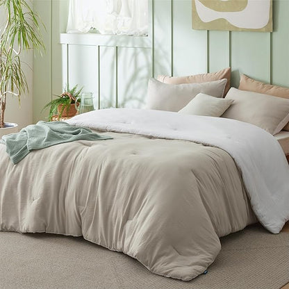 Bedsure Full Comforter Set, Beige White Soft Prewashed Bedding for All Seasons, 3 Pieces GentleSoft™ Bed Set, 1 Lightweight Comforter (82"x86") and 2 Pillowcases (20"x26")