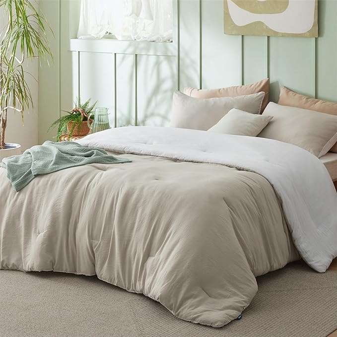 Bedsure California King Comforter Set, Beige White Soft Prewashed Bedding for All Seasons, 3 Pieces GentleSoft™ Bed Set, 1 Lightweight Comforter (104"x96") and 2 Pillowcases (20"x36")